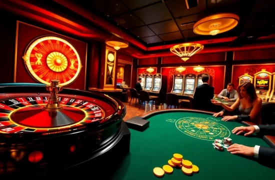 Engage with an online casino homepage filled with poker tables, roulette wheels, and slot machines.