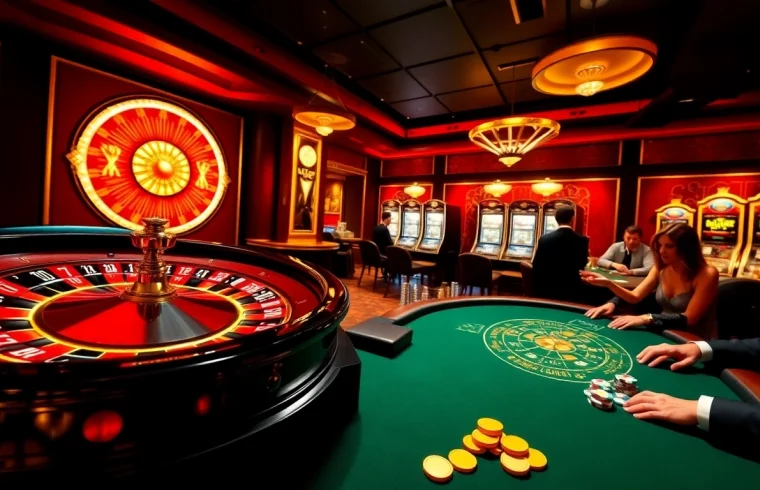 Engage with an online casino homepage filled with poker tables, roulette wheels, and slot machines.