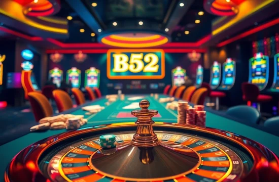 Players enjoying game bài đổi thưởng b52 at an elegant casino table with vibrant colors and excitement.