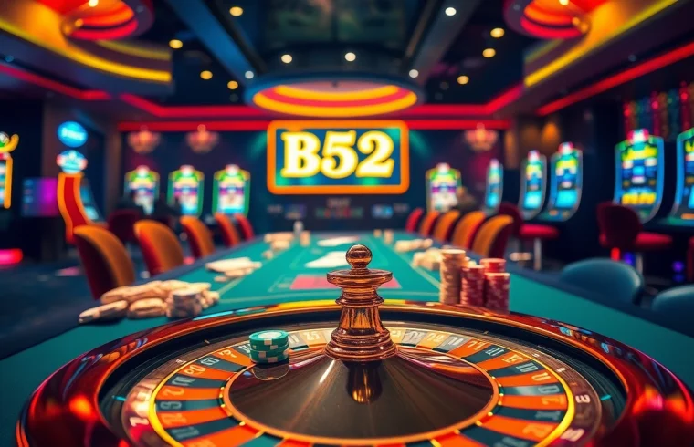 Players enjoying game bài đổi thưởng b52 at an elegant casino table with vibrant colors and excitement.