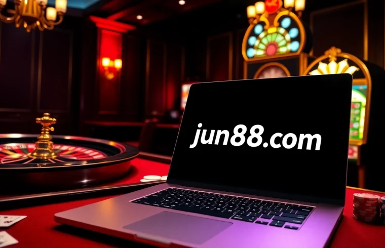 Experience the thrill of betting at jun88 com, with a vibrant casino scene featuring roulette, cards, and a slot machine.