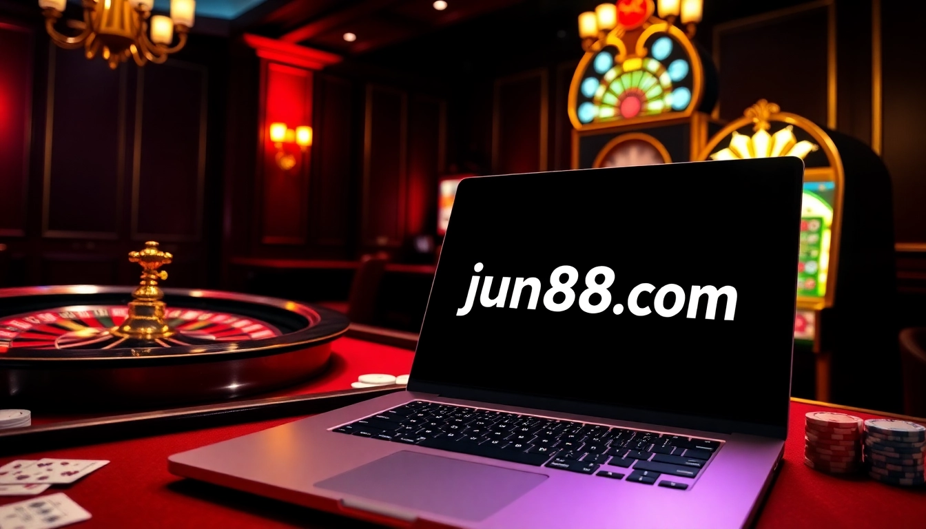Experience the thrill of betting at jun88 com, with a vibrant casino scene featuring roulette, cards, and a slot machine.