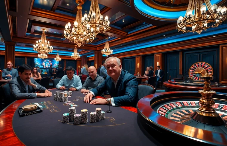 Professional gamblers strategizing at a poker table at https://king33.io/, showcasing high-stakes action and luxury.