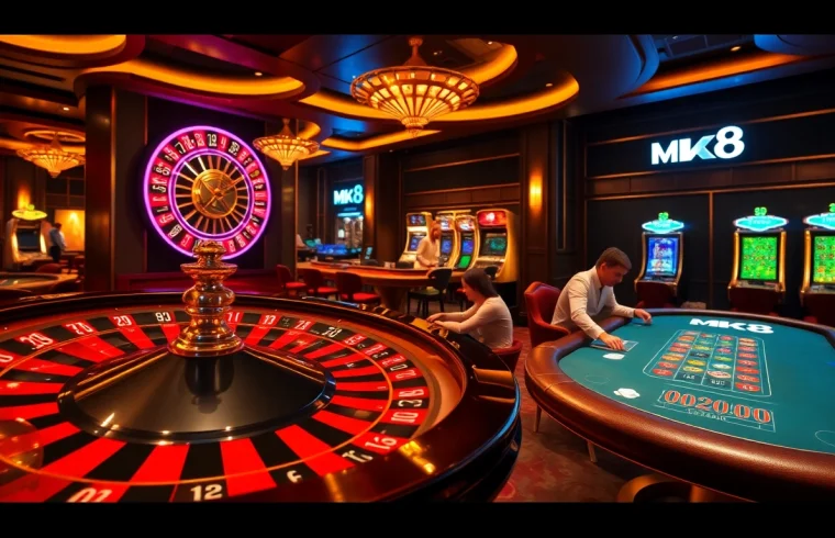 Engaging players at MK8 casino tables, immersed in strategic gameplay and vibrant atmosphere.