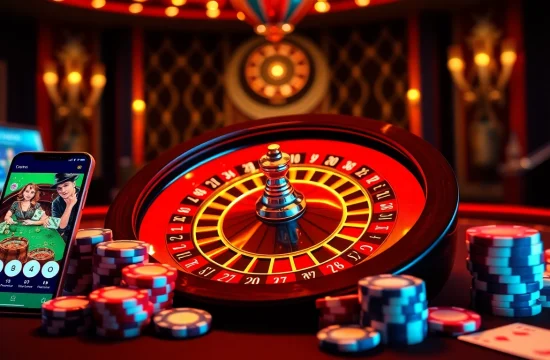 S8 app displayed on a smartphone with poker chips and a roulette wheel, showcasing online casino excitement.