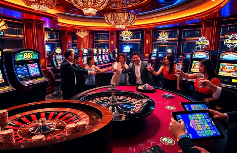 Players engaging in thrilling games at 88i Casino, with poker chips and roulette wheels showcased.