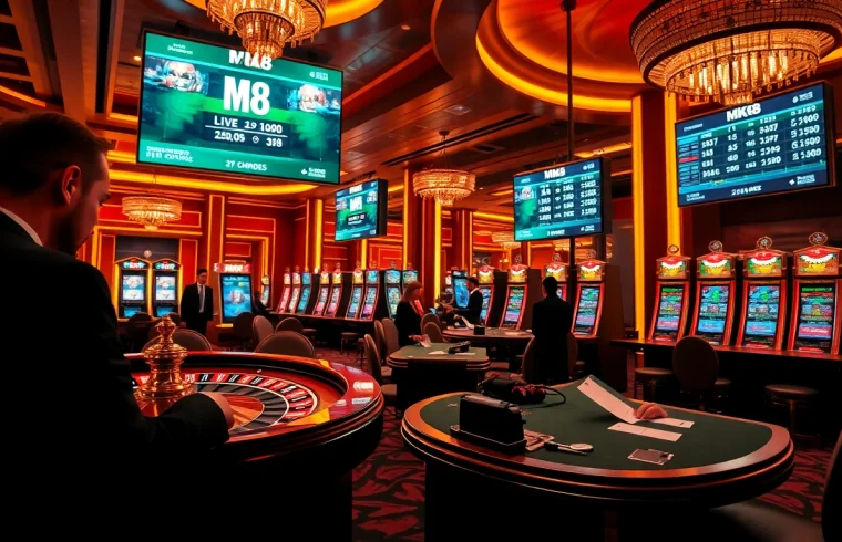 Players engaging in MK8 betting at a luxurious casino with roulette and vibrant slot machines.