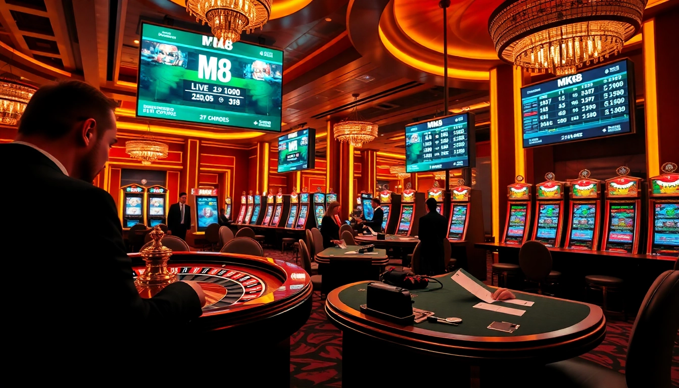 Players engaging in MK8 betting at a luxurious casino with roulette and vibrant slot machines.