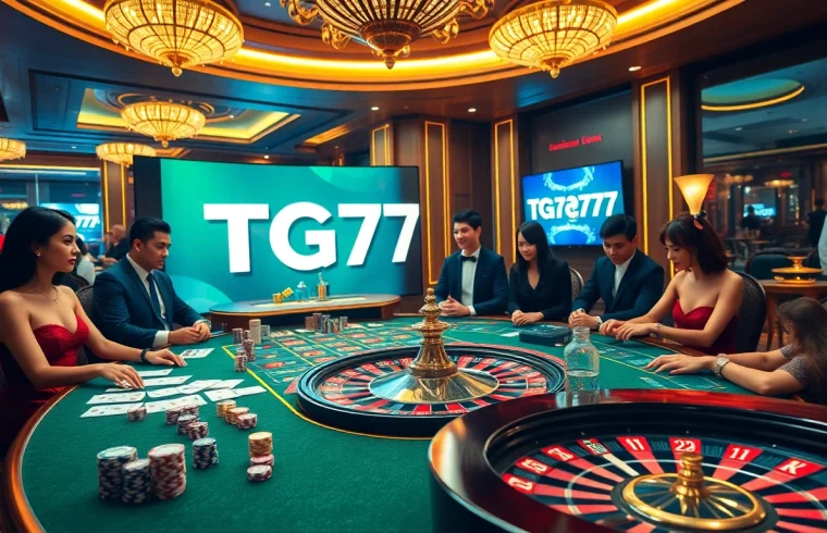 Exciting online casino atmosphere showcasing TG777 link with poker chips and roulette wheel.