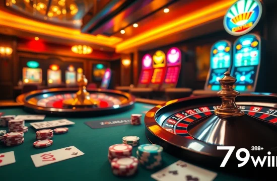 Engage in thrilling action at 789win with a vibrant online casino scene featuring roulette and slot machines.