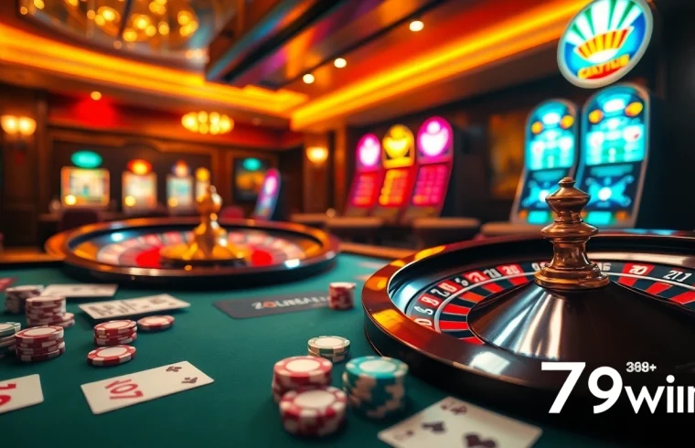 Engage in thrilling action at 789win with a vibrant online casino scene featuring roulette and slot machines.