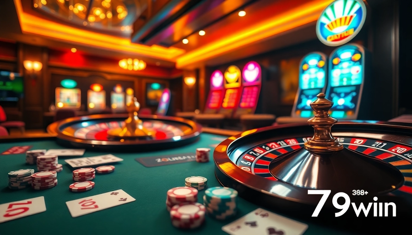 Engage in thrilling action at 789win with a vibrant online casino scene featuring roulette and slot machines.