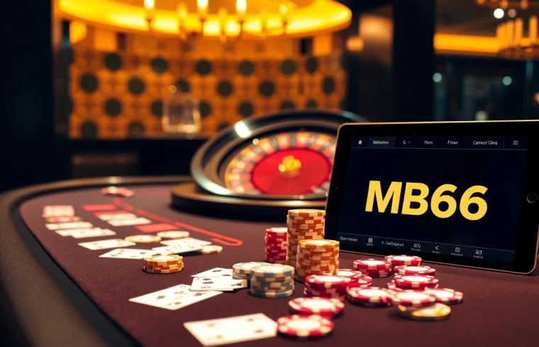 Experience thrilling moments at MB66 casino with a vibrant poker table and roulette wheel.