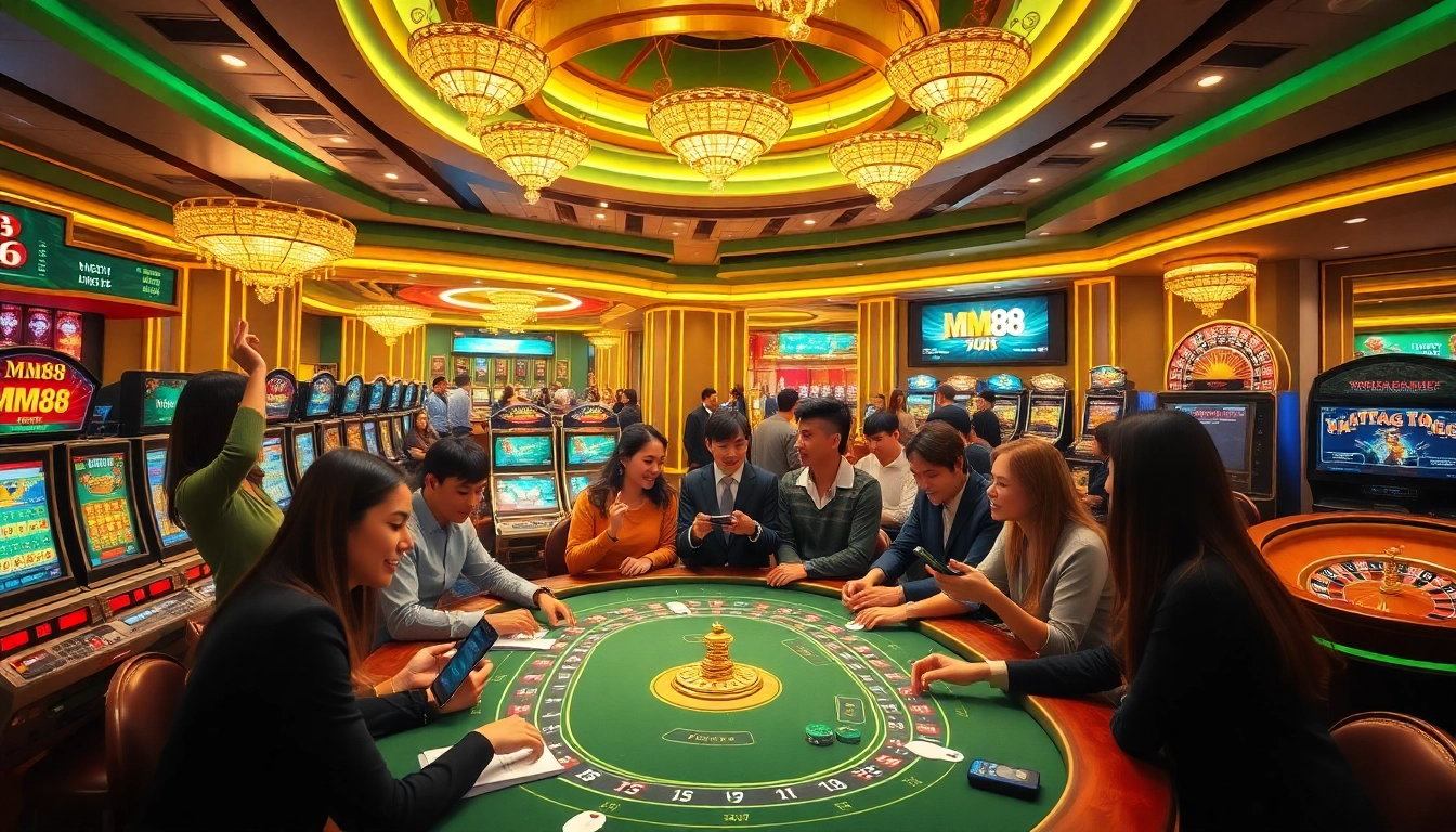 Engaging gambling scene with nhà cái mm88 interface featuring poker, slots, and roulette.