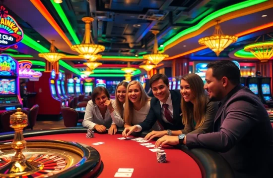 Experience thrilling gameplay at B52club with vibrant slot machines and engaged players at poker tables.