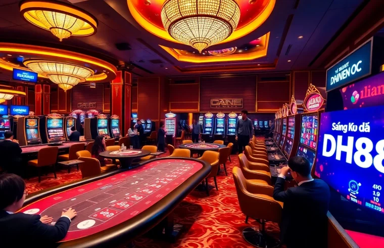 Gambling excitement ignites as players engage with the casino's vibrant gaming floor, promoting Đăng Ký DH88.