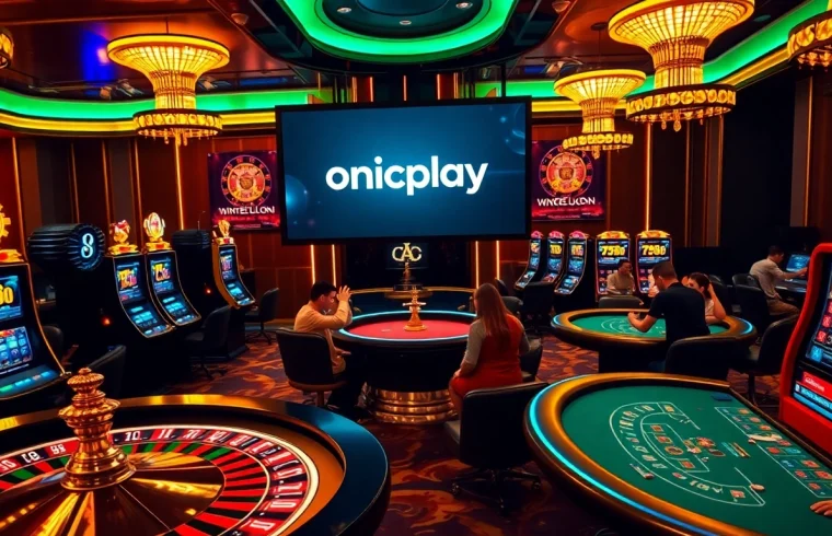 Experience the thrill of gaming with Onicplay, showcasing lively slot machines and poker tables.