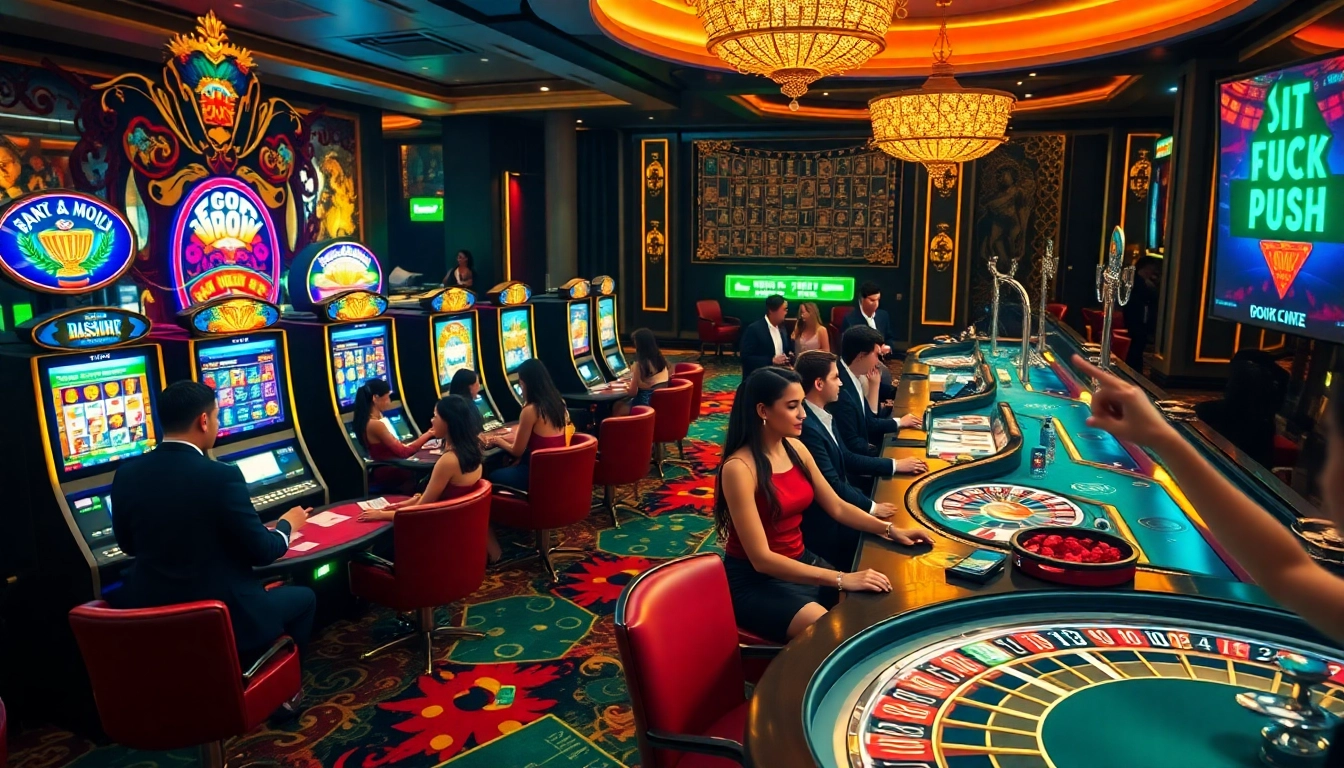 A high-stakes casino scene at M88, showcasing vibrant slot machines and elegant table games, reflecting luxury and excitement.
