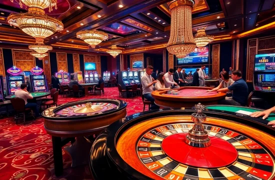 Exciting gaming scene at trang chủ U888 with roulette and poker tables in a luxurious casino.