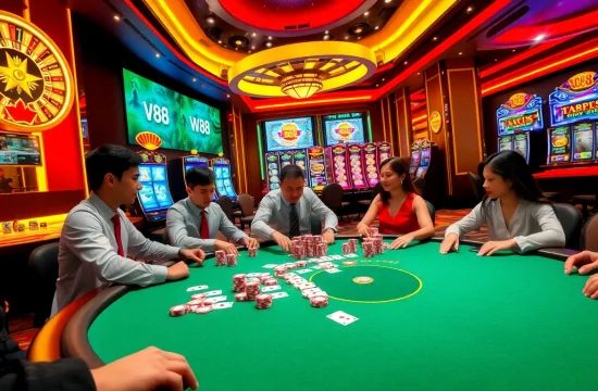 Engage in an exciting poker game at vn88, featuring colorful chips and a roulette wheel.