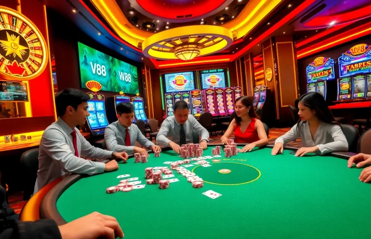 Engage in an exciting poker game at vn88, featuring colorful chips and a roulette wheel.