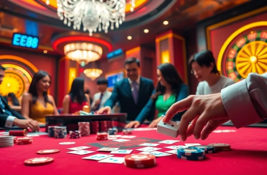 Experience thrilling gaming at EE88 with casino tables, vibrant chips, and engaging players.