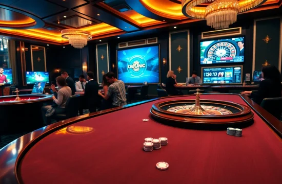 A lively casino scene showcasing the excitement of go99.jp.net with players at a poker table and roulette wheel.