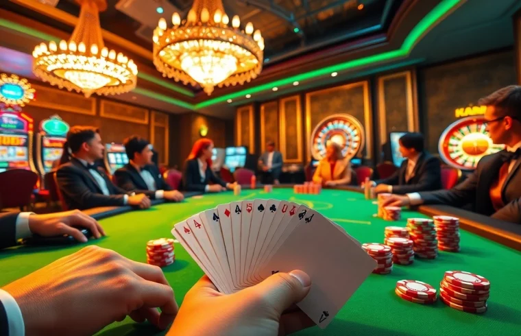 Engaging poker action at https://vj88.com/ with vibrant casino atmosphere and strategic play.