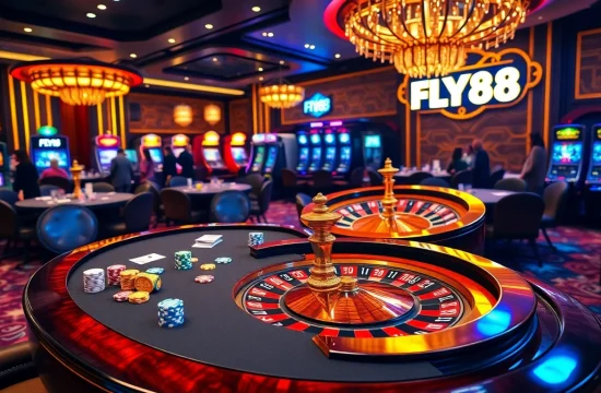 Engage in thrilling FLY88 casino adventures with luxurious gaming tables and vibrant decorations.