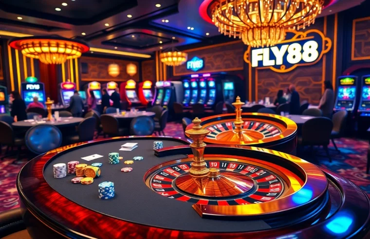 Engage in thrilling FLY88 casino adventures with luxurious gaming tables and vibrant decorations.