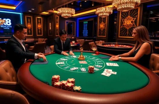 Experience the excitement at BK8 with a vibrant casino table and professional poker gameplay.