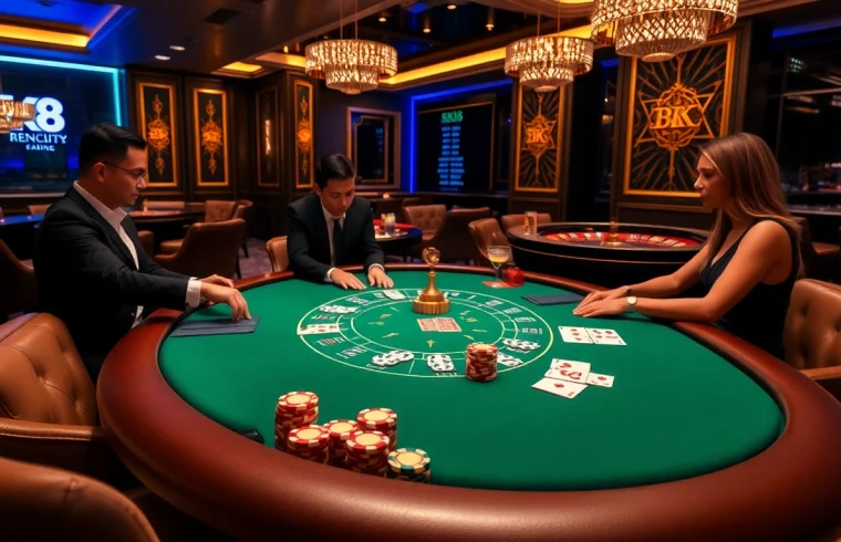 Experience the excitement at BK8 with a vibrant casino table and professional poker gameplay.