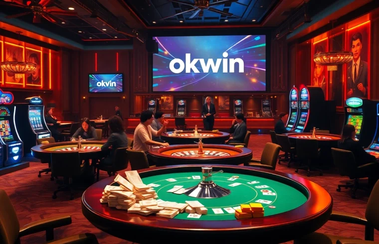 Players enjoying poker in a vibrant casino while using the okwin app for betting.