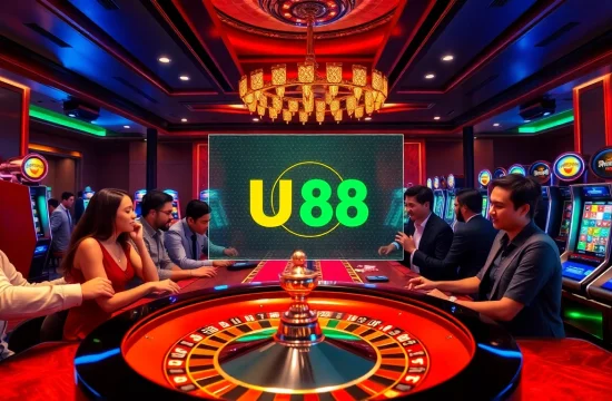 Players enjoying a thrilling game at UU88 casino, featuring vibrant slot machines and poker chips.