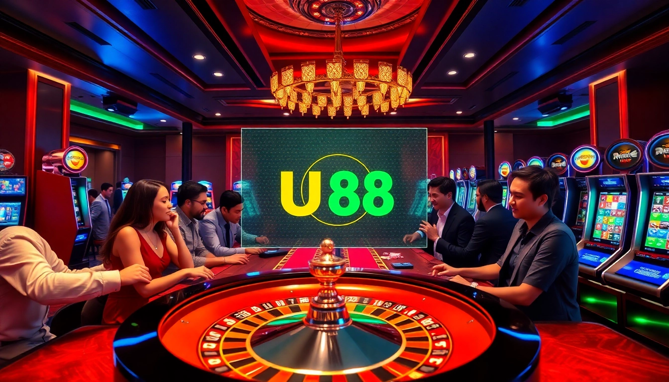 Players enjoying a thrilling game at UU88 casino, featuring vibrant slot machines and poker chips.
