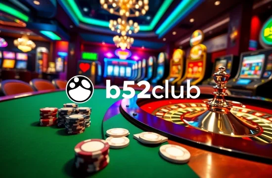 An energetic casino scene at tại b52club, featuring a lavish poker table and dazzling slot machines amidst vibrant lighting.
