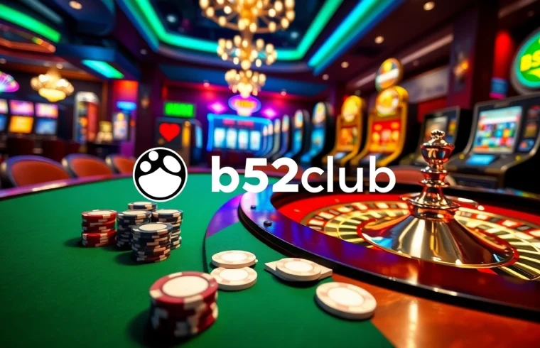 An energetic casino scene at tại b52club, featuring a lavish poker table and dazzling slot machines amidst vibrant lighting.