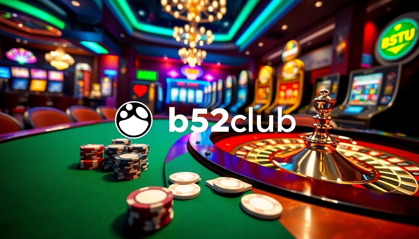 An energetic casino scene at tại b52club, featuring a lavish poker table and dazzling slot machines amidst vibrant lighting.