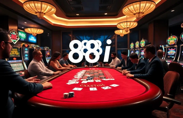 Players enjoying a thrilling game at the 88i casino table with vibrant slot machines.