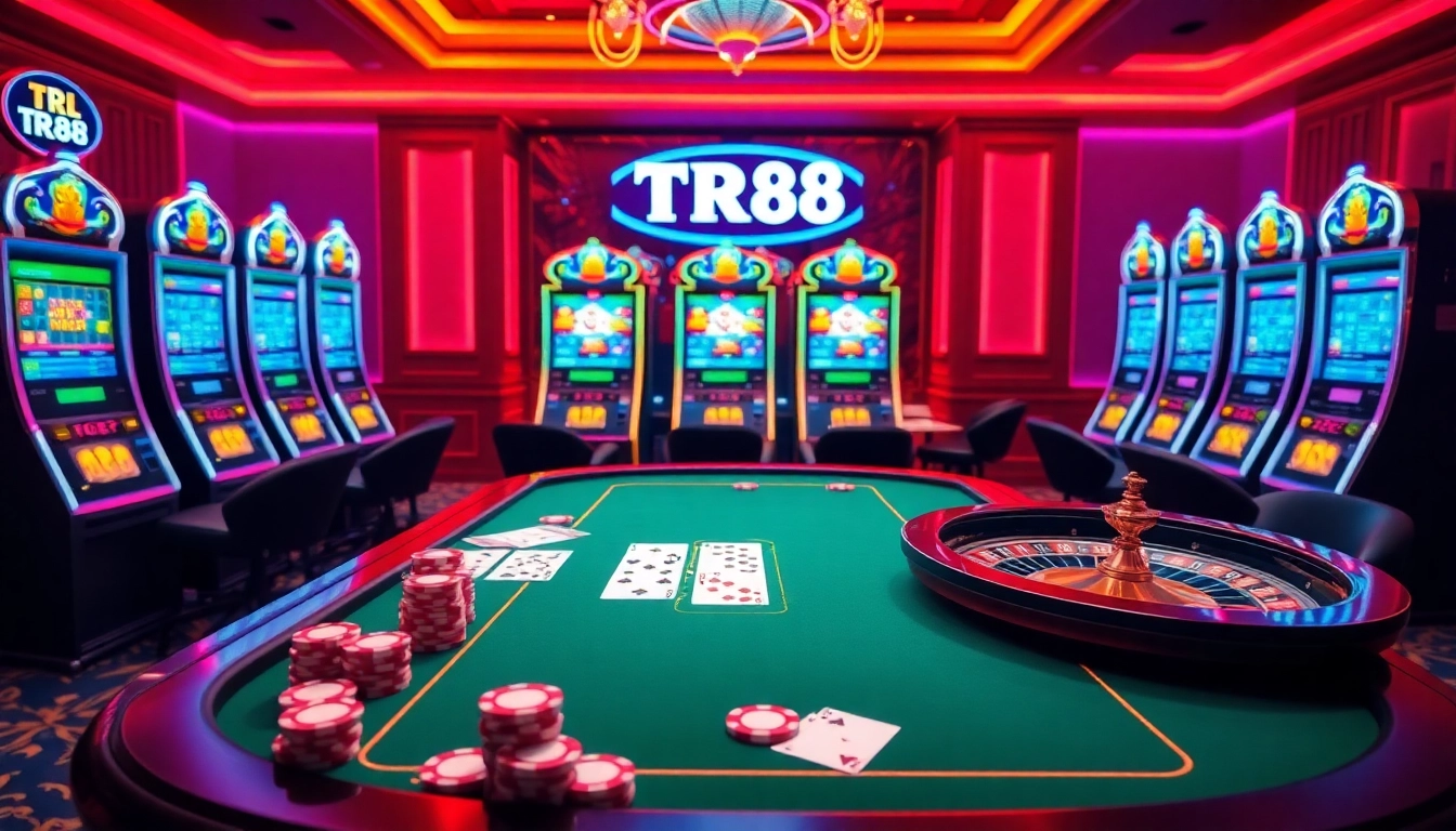 Players engaging in a thrilling game at the TR88 casino table filled with vibrant poker chips and cards.