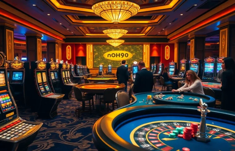Play exciting games at nohu90, featuring vibrant casino tables and engaging slot machines.