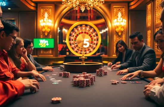 Excited gamblers at a poker table experiencing the thrill of win 55 at a luxurious casino.
