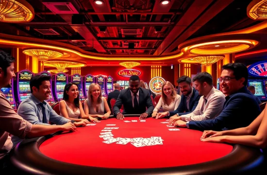 Players enjoy an exciting poker game at a casino table, capturing a thrilling moment with 6slots8 com in the background.