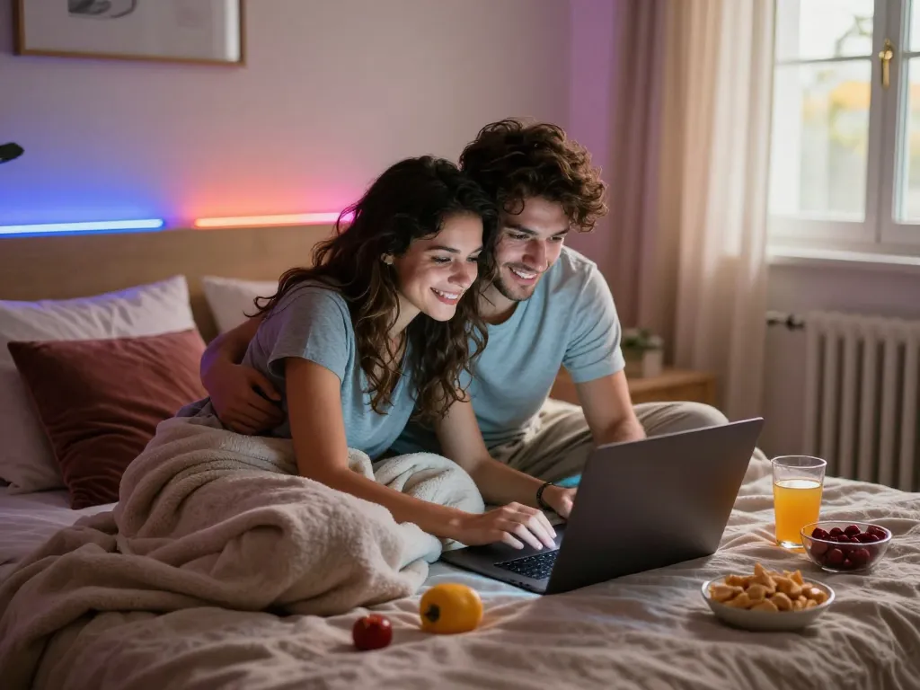 Couple enjoying porngames on a laptop in a cozy bedroom with ambient lighting.