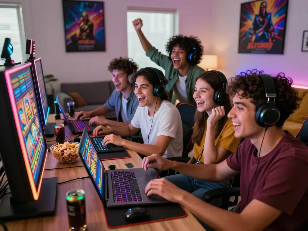 Teman-teman menikmati sesi permainan slot online, suasana yang cerah dengan visual berwarna-warni dan camilan.