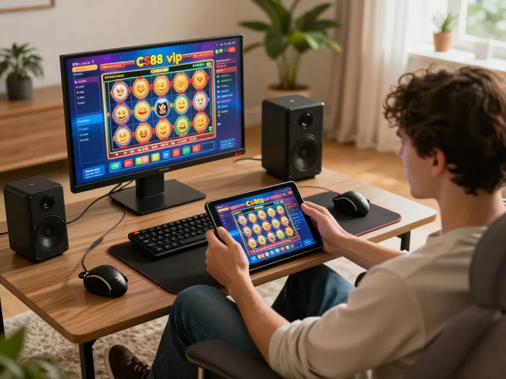Engaged player accessing cs88 vip online slots on a stylish tablet in a cozy apartment setting.