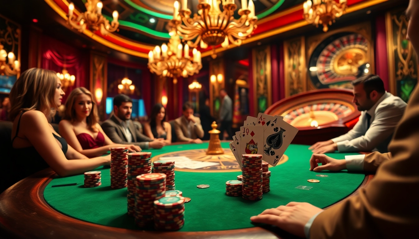 Experience the thrill of go88 with vibrant casino visuals highlighting poker and roulette.