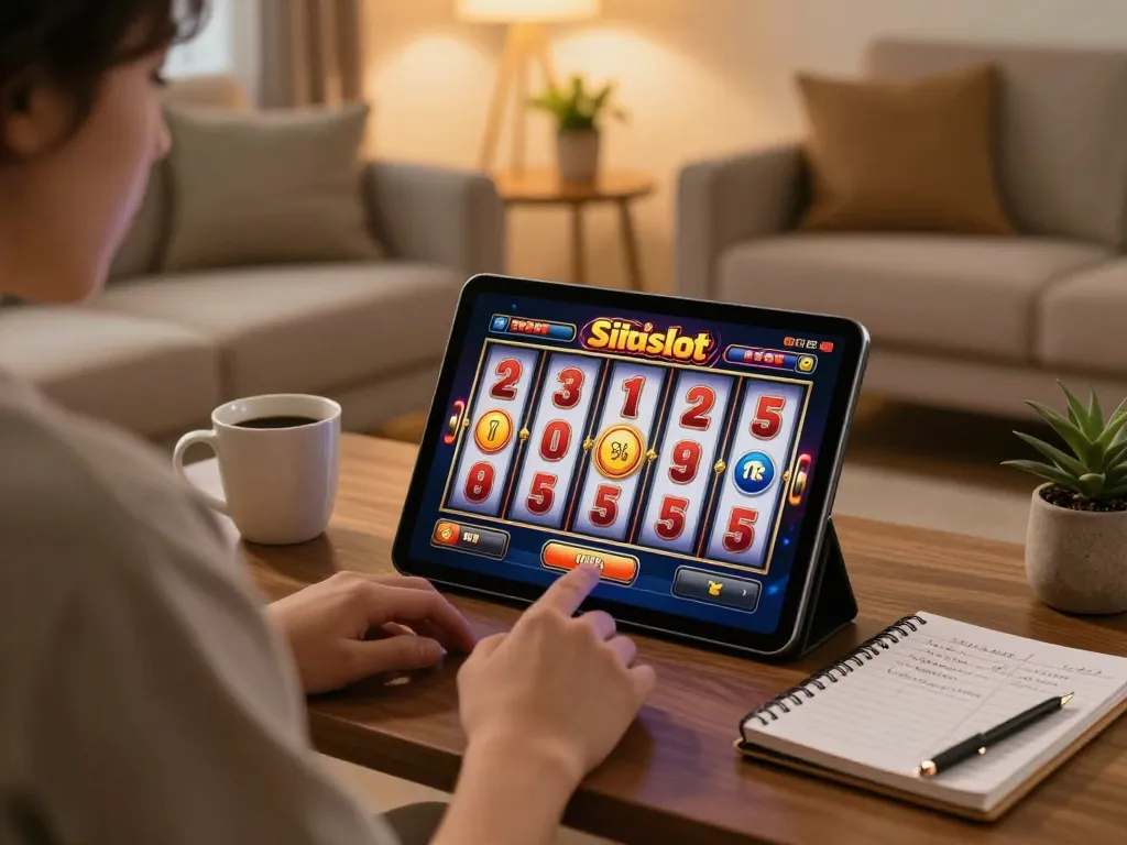 Engaging player spinning situs slot reels on a tablet in a cozy home setting