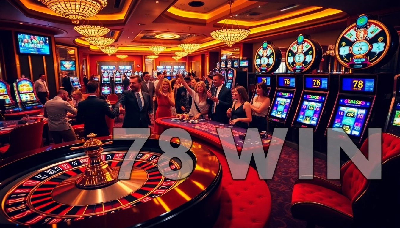Players celebrating their victories at 78WIN casino tables with roulette and slot machines.