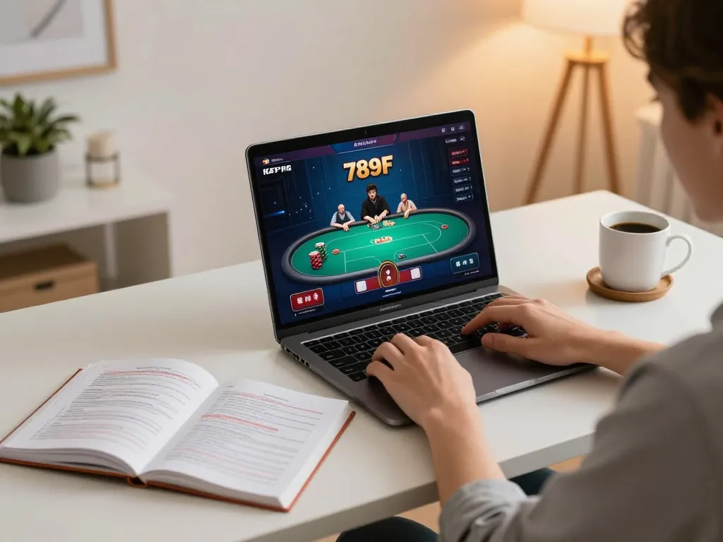Person playing poker on 789F website from a cozy home setup, showcasing responsible gambling practices